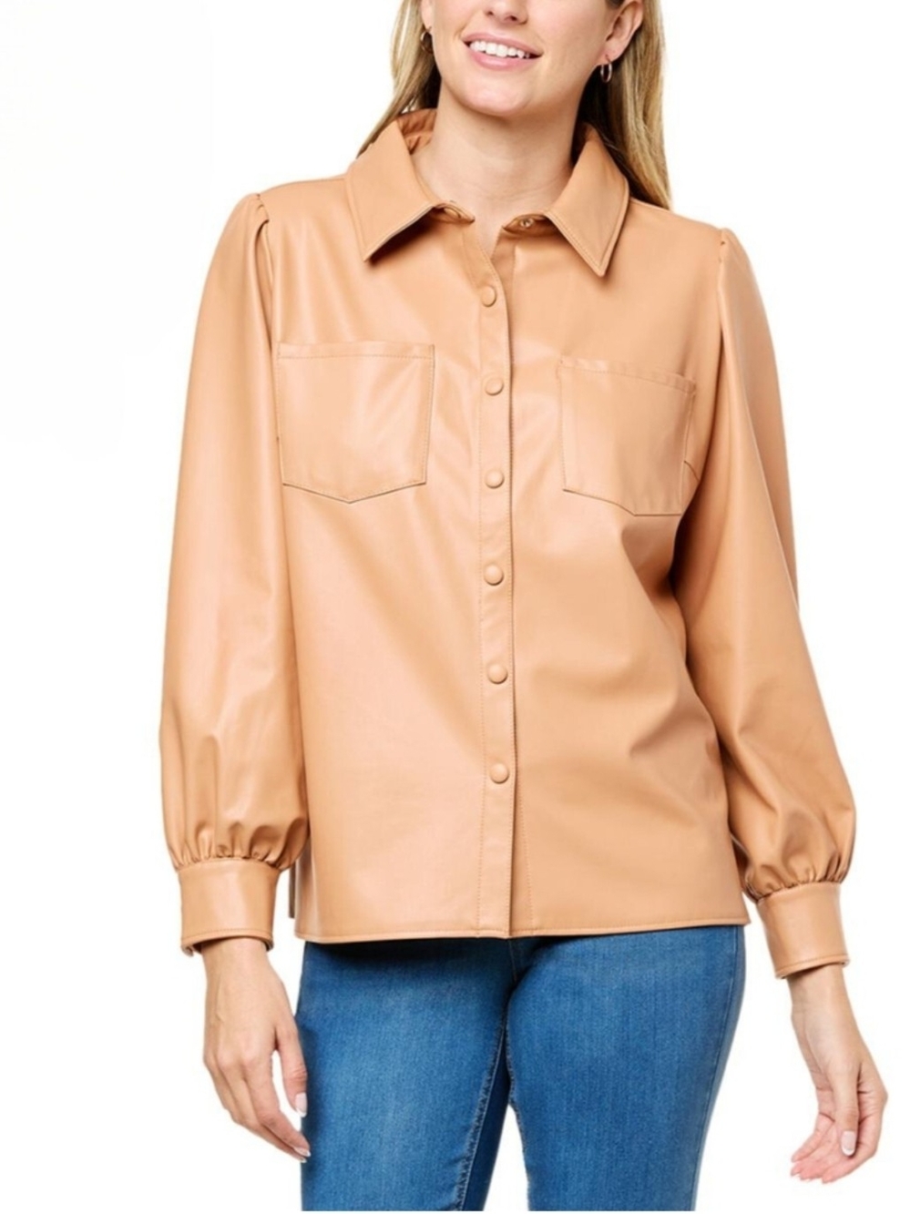 G by Giuliana Faux Leather Button-Front Shirt in Camel
